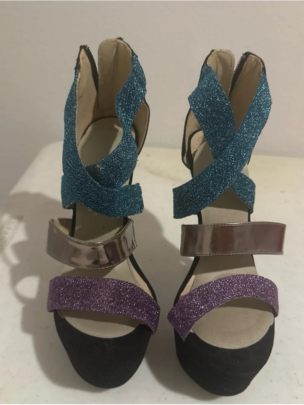 Shoe Dazzle Black Platform Heels with Blue and Purple Glitter Straps